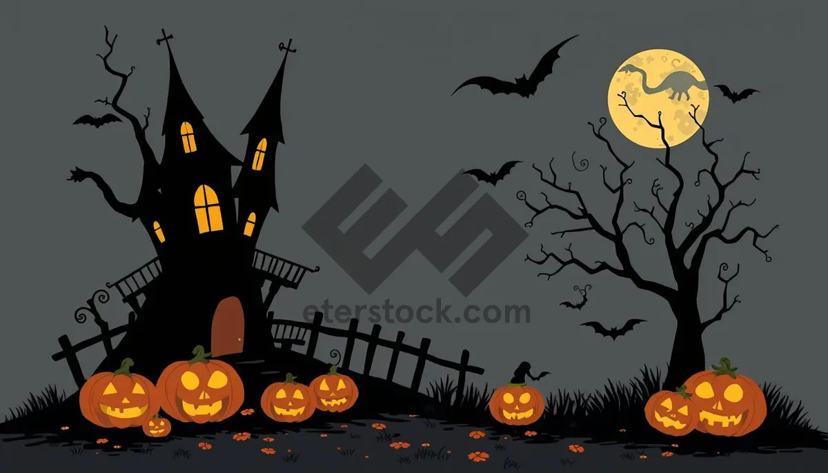 Picture of Dark Halloween Night Cemetery Silhouette with Bat - Cartoon