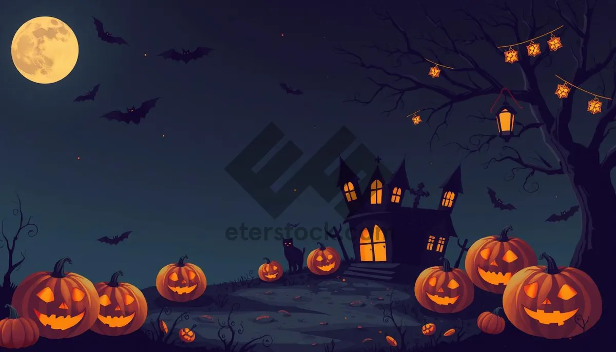 Picture of Spooky Halloween night with pumpkin and bat