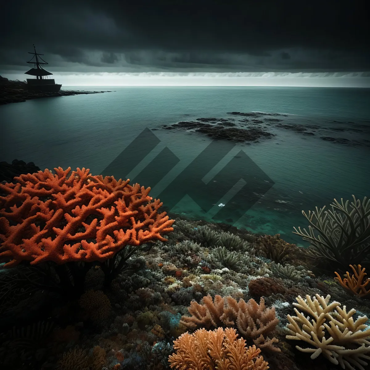 Picture of Vibrant Coral Colony in Sunlit Oceanic Waters