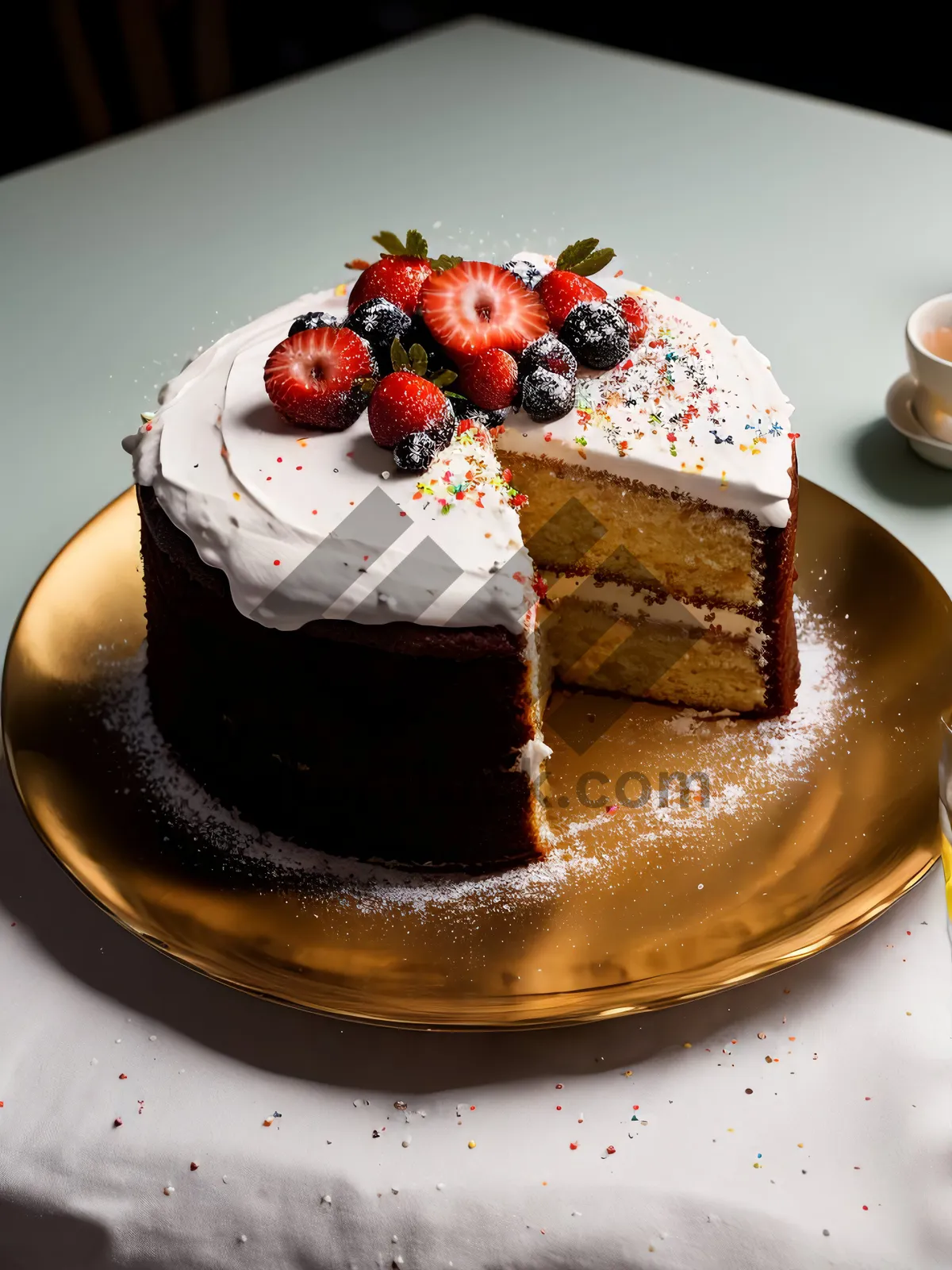 Picture of Delicious Fruit Cake with Strawberry and Chocolate Sauce