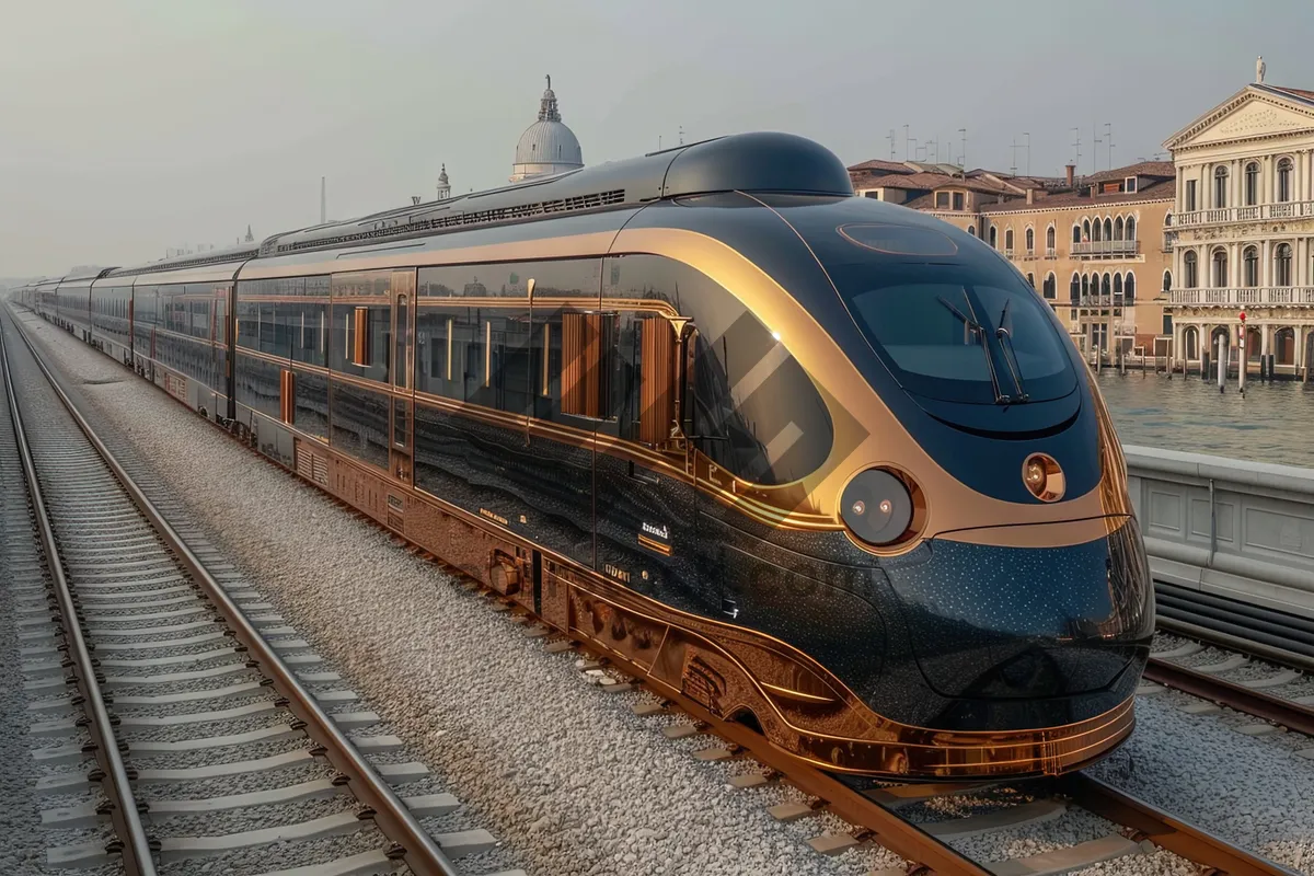 Picture of City train station with fast-moving locomotive	passenger train	urban transportation车站路径urban travel and journey by rail_Passenger transportation at railroad station_Speeding car in urban area_urban transport system