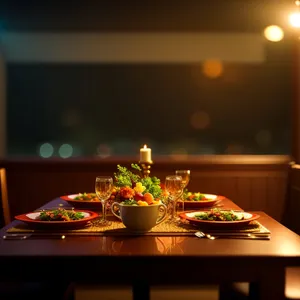 Nighttime Dining Table with Stylish Lamp Illumination