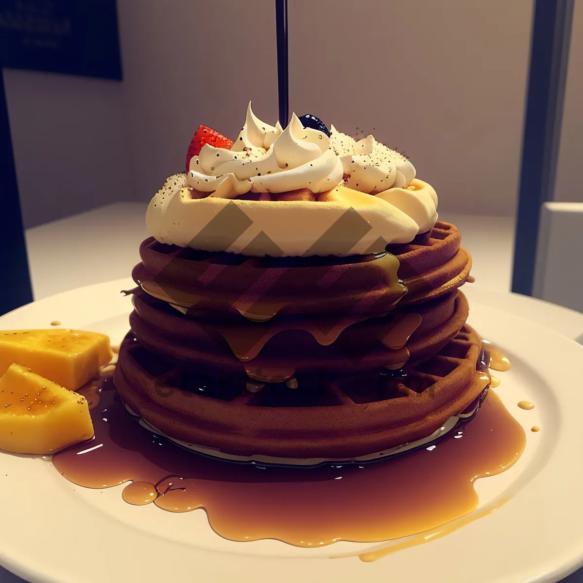 Picture of Delicious Chocolate Cake with Creamy Frosting and Fruit Topping