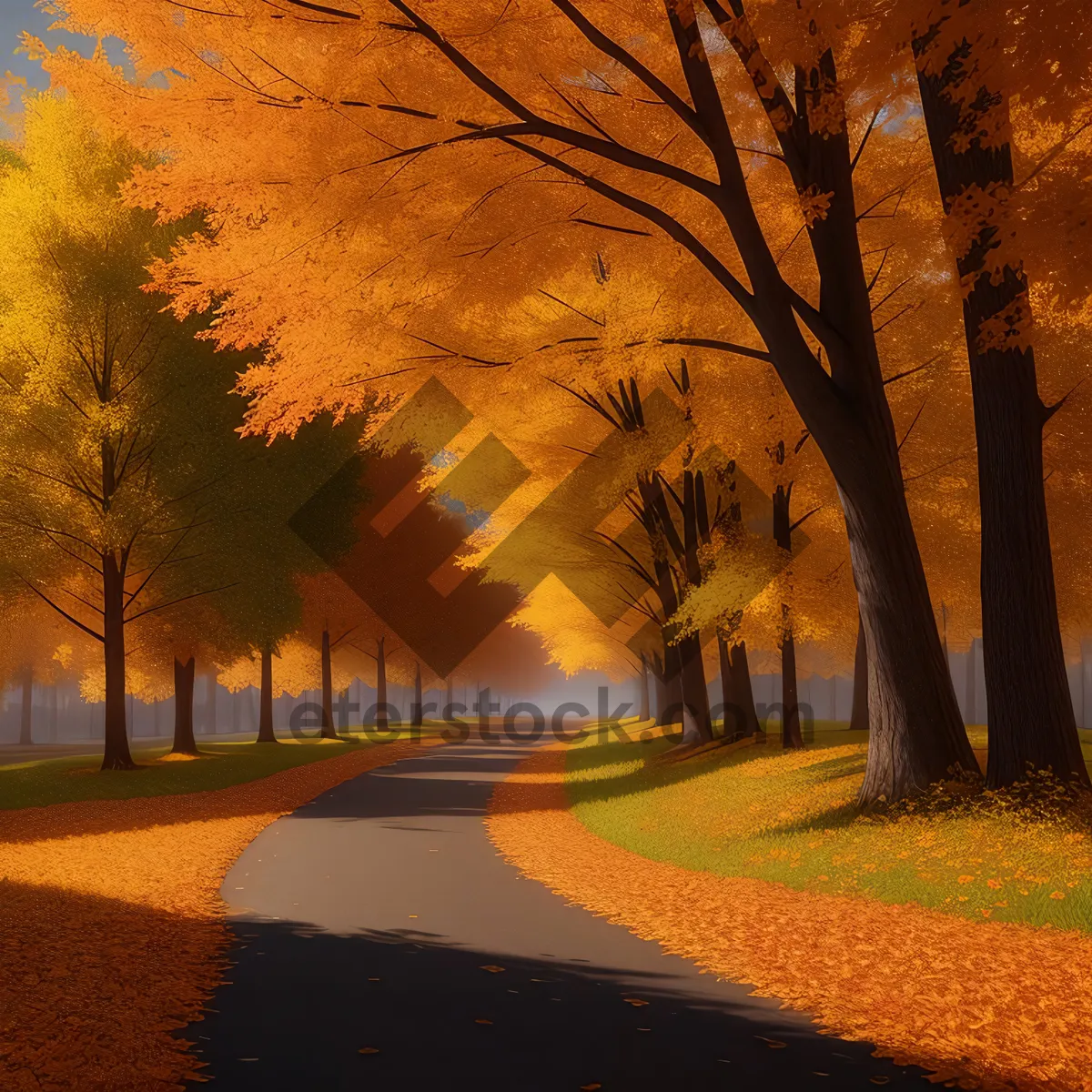 Picture of Autumnal Forest Path with Sunlit Bench