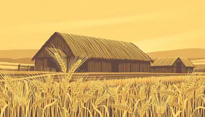 Rural barn against blue sky and green trees