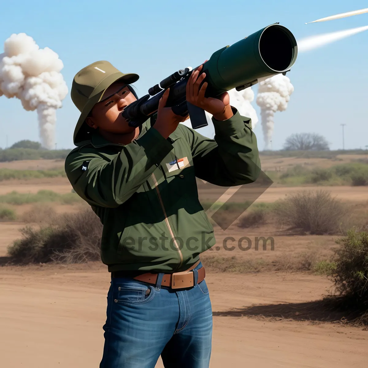 Picture of Man observing outdoors with binoculars on grassy field