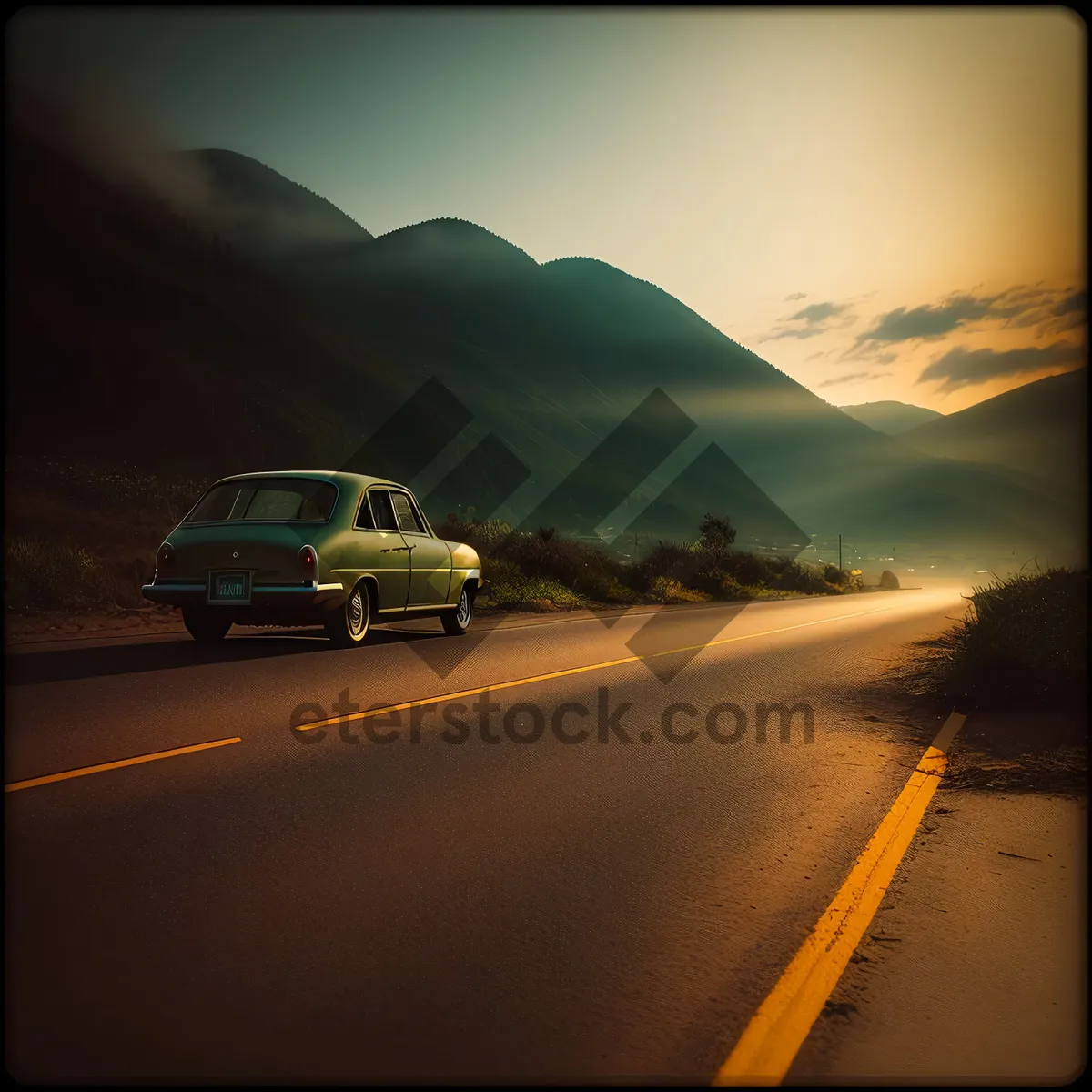 Picture of Speeding Car on an Open Highway at Sunset