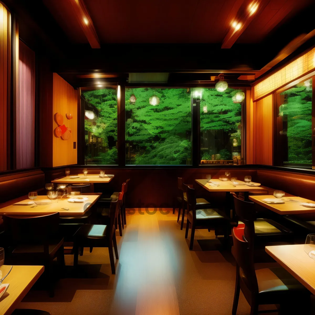 Picture of Modern luxury restaurant interior with wooden furniture and lamps.