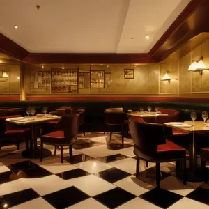 Modern luxury restaurant interior design with wooden furniture and glass windows