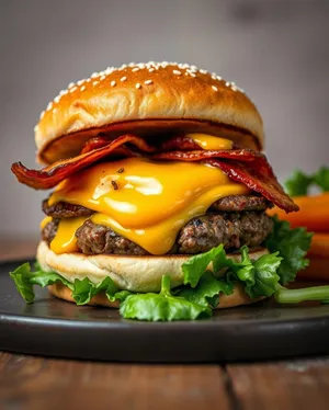 Gourmet Grilled Burger with Cheese and Fresh Vegetables