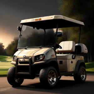 Golf car speeding along a scenic road