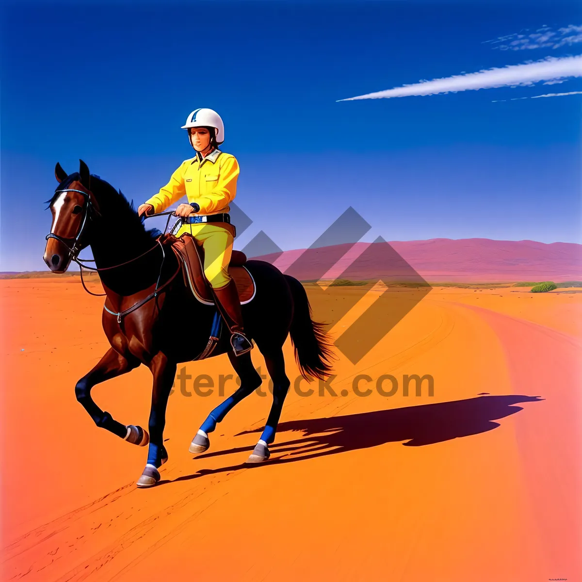 Picture of Sundown ride: Majestic horse and rider silhouette on dunes under glowing sunset