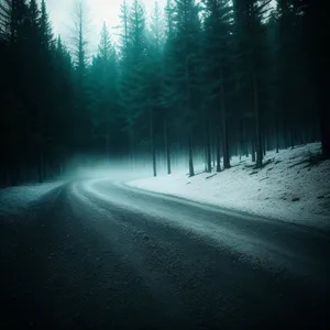 Frosty Winter Wonderland: Serene Mountain Road Through Snowy Forest