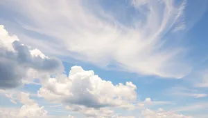 Summer sky with fluffy clouds and bright sunshine