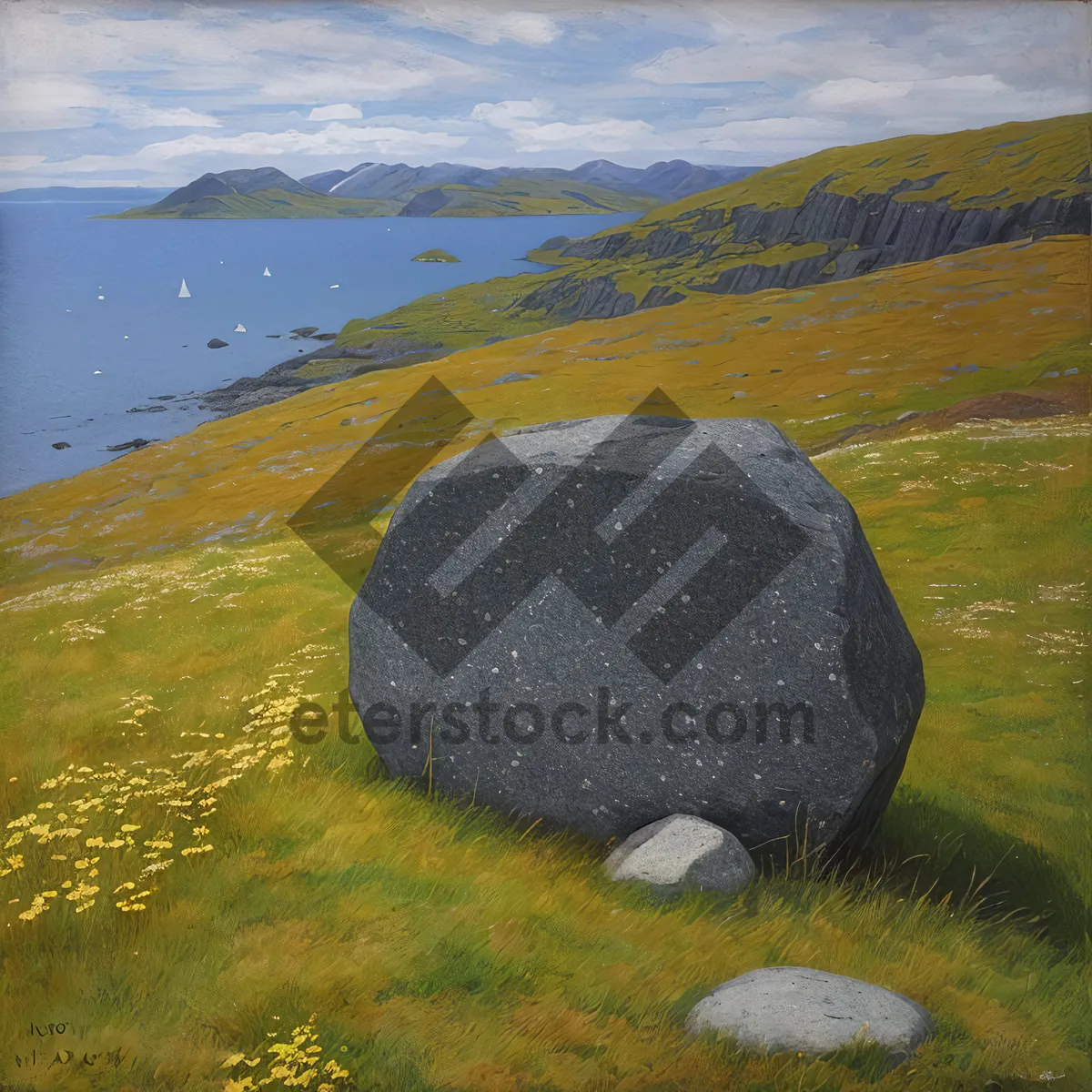 Picture of Serene Coastal Megalith Monument Atop Grassy Sand Dunes