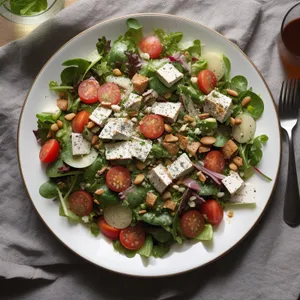 Grilled beef salad with tomatoes and peppers.