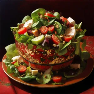 Healthy vegetable salad with fresh tomatoes and lettuce.