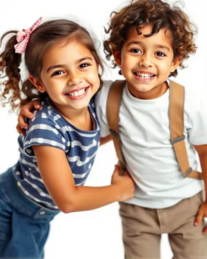 Happy family portrait with smiling children and mother.