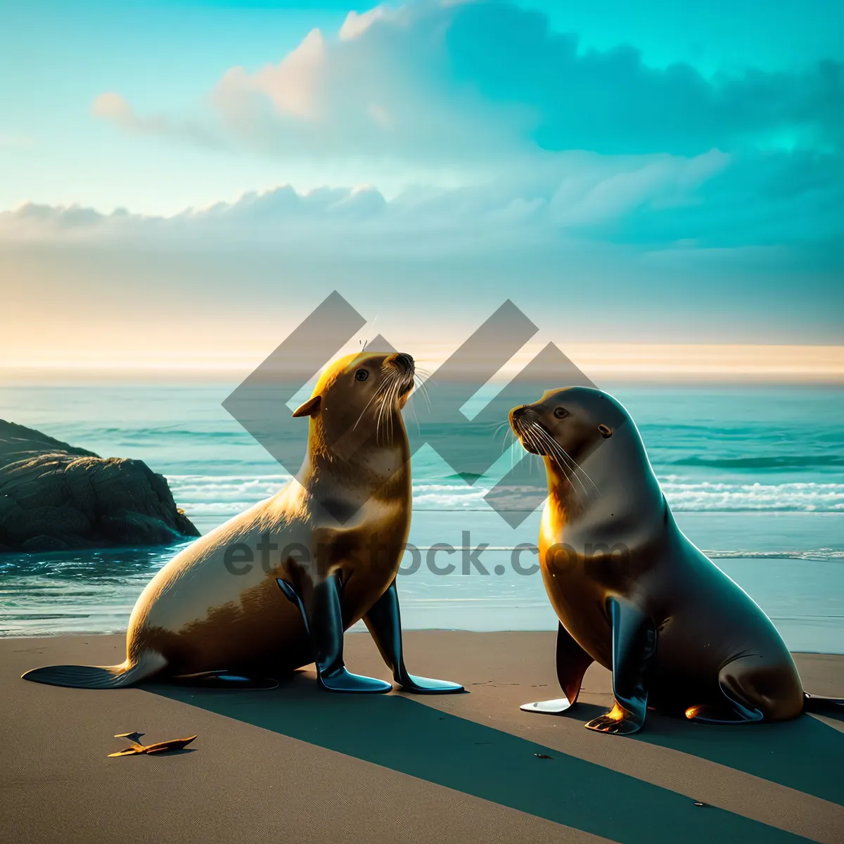 Picture of Seal basking on sandy beach under sunny sky