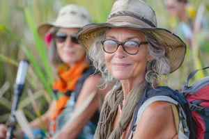 Smiling woman in stylish sunglasses and hat outdoors