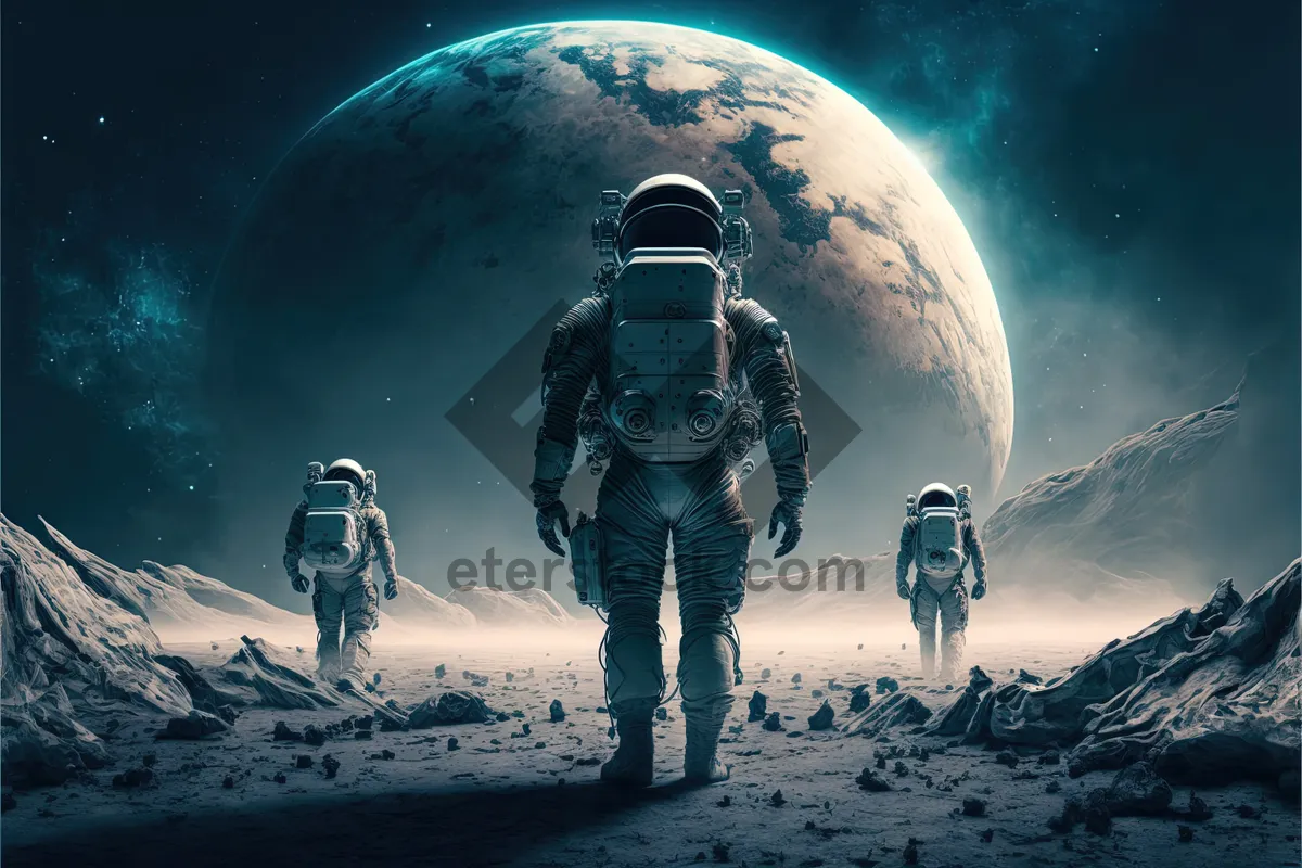 Picture of Snowboarder on Moonlit Mountain with Spacesuit Helmet