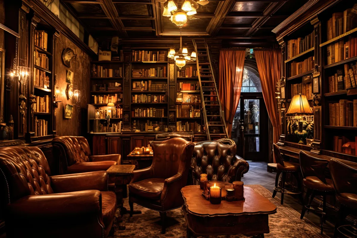 Picture of Vintage bookstore interior with wooden furniture and chairs