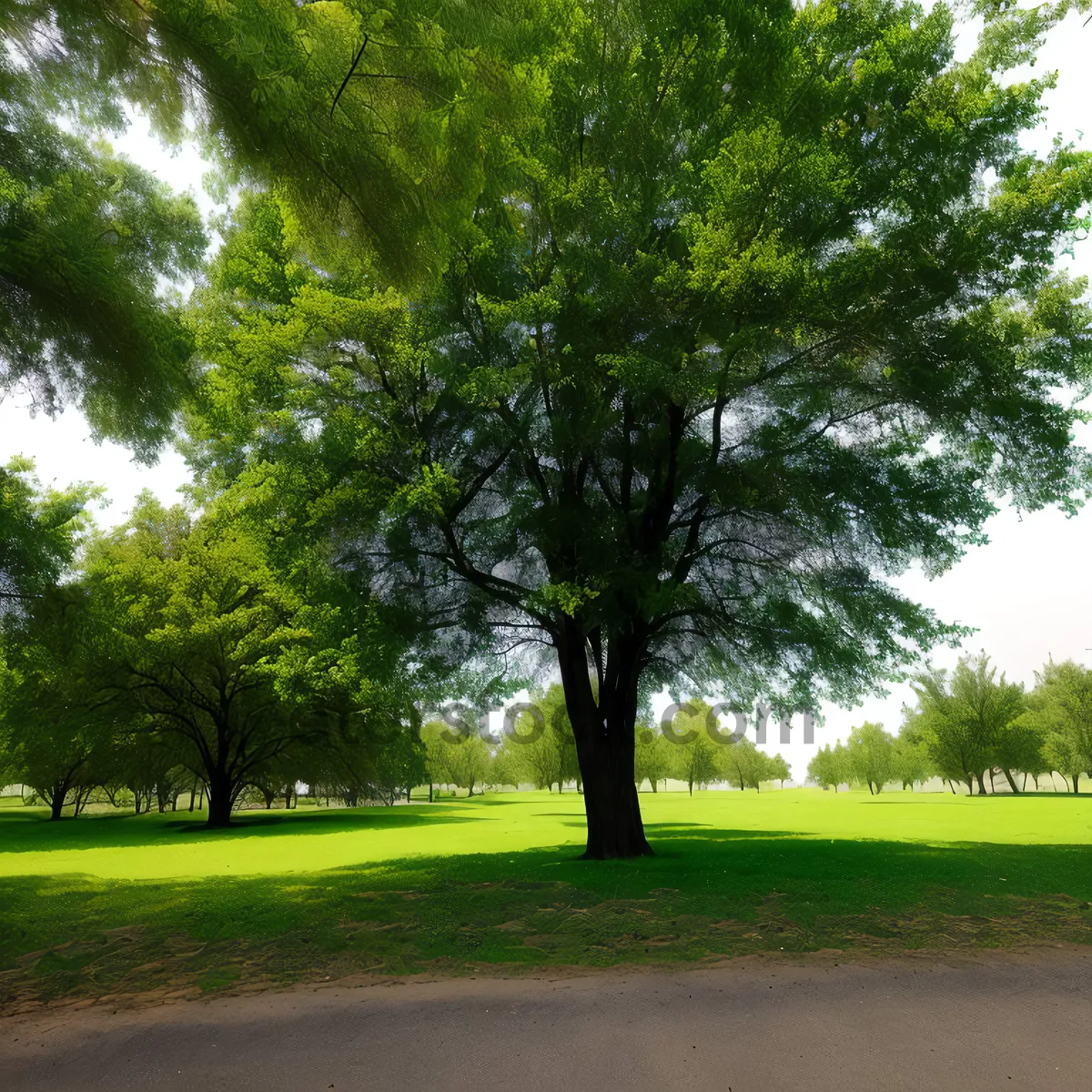 Picture of Serene Summer Landscape with Majestic Trees and Lush Greenery