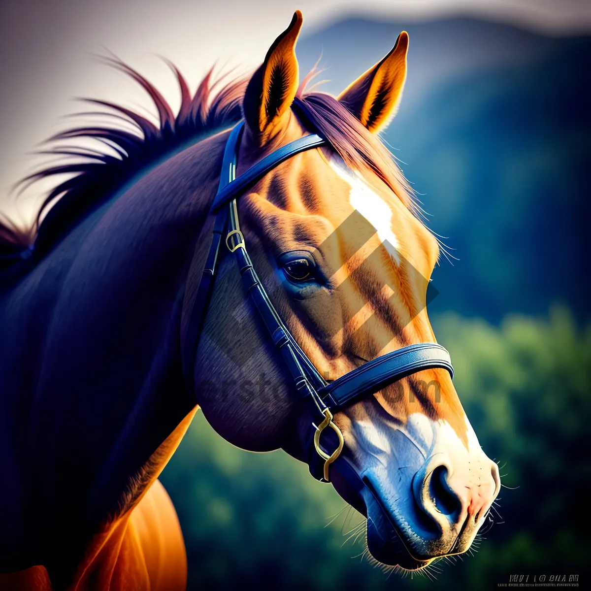 Picture of Majestic Chestnut Stallion in Equestrian Headgear