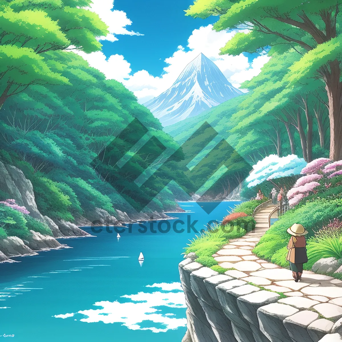 Picture of Idyllic Waterscape Oasis Amidst Breathtaking Mountain Range
