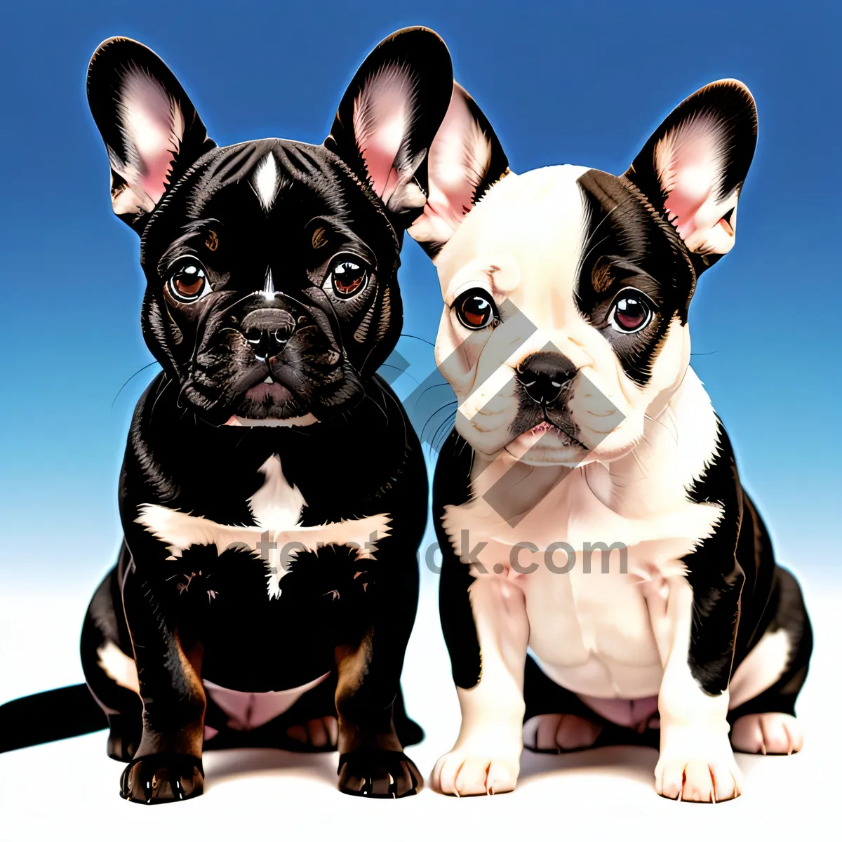 Picture of French bulldog puppies posing on a vibrant blue background