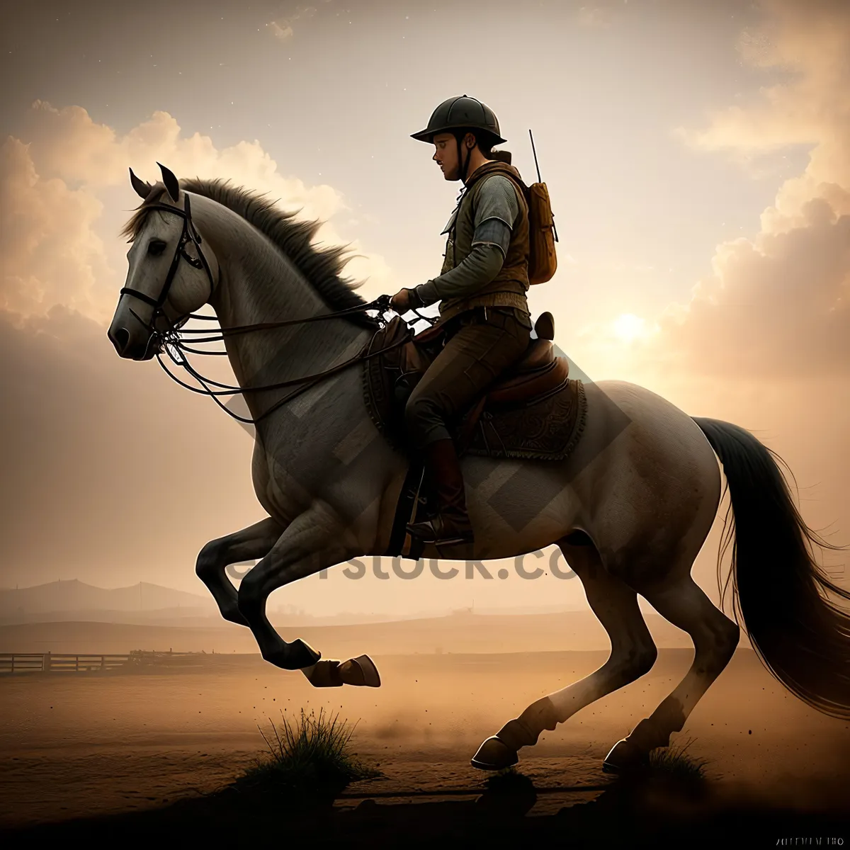 Picture of Sunset Horse Vaulting on Beach: Silhouetted Equine Acrobatics