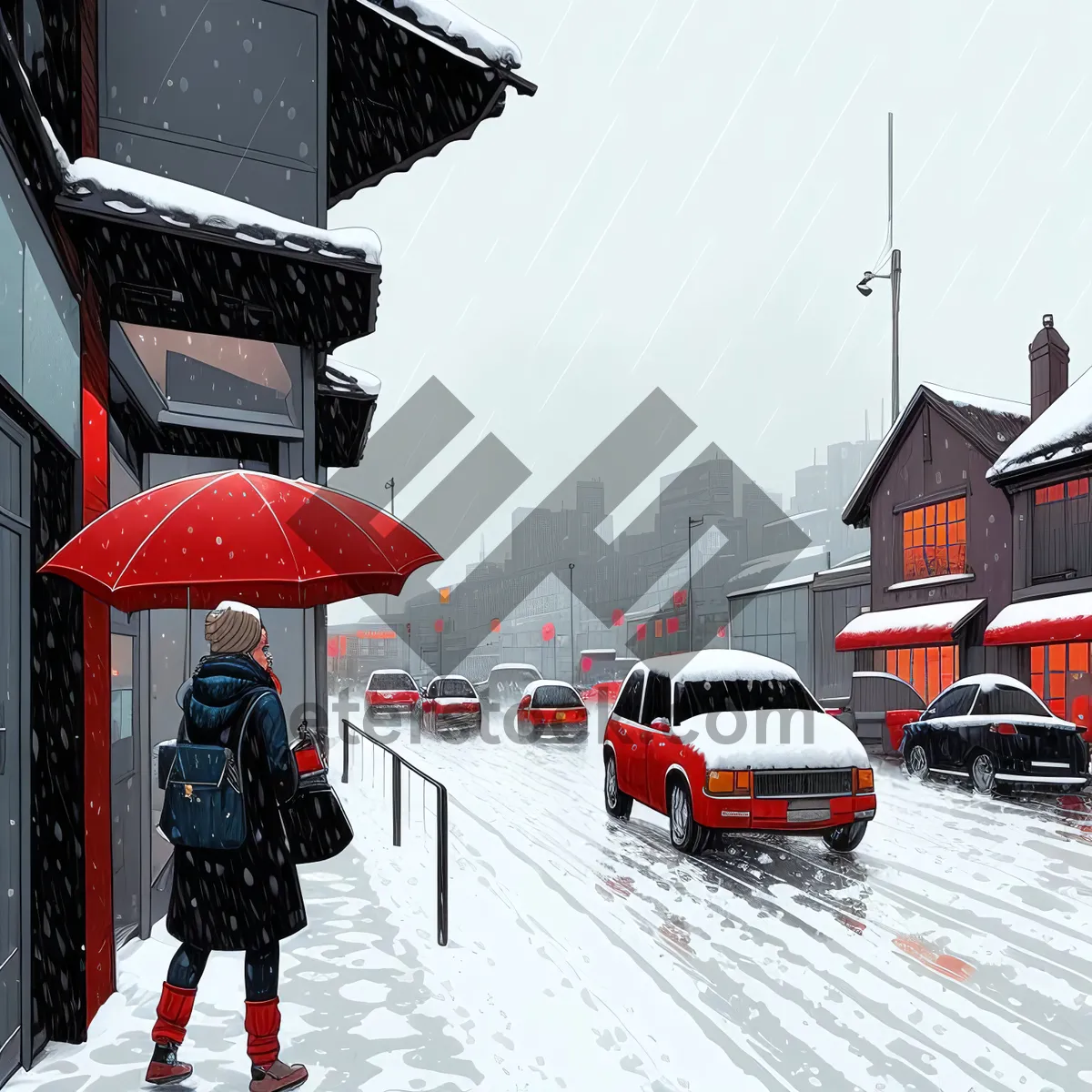 Picture of Winter Cityscape with Snowy Street and Umbrella