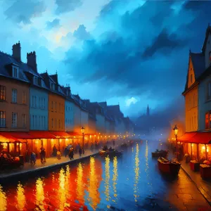 Enchanting Evening Over River and Historic Cityscape