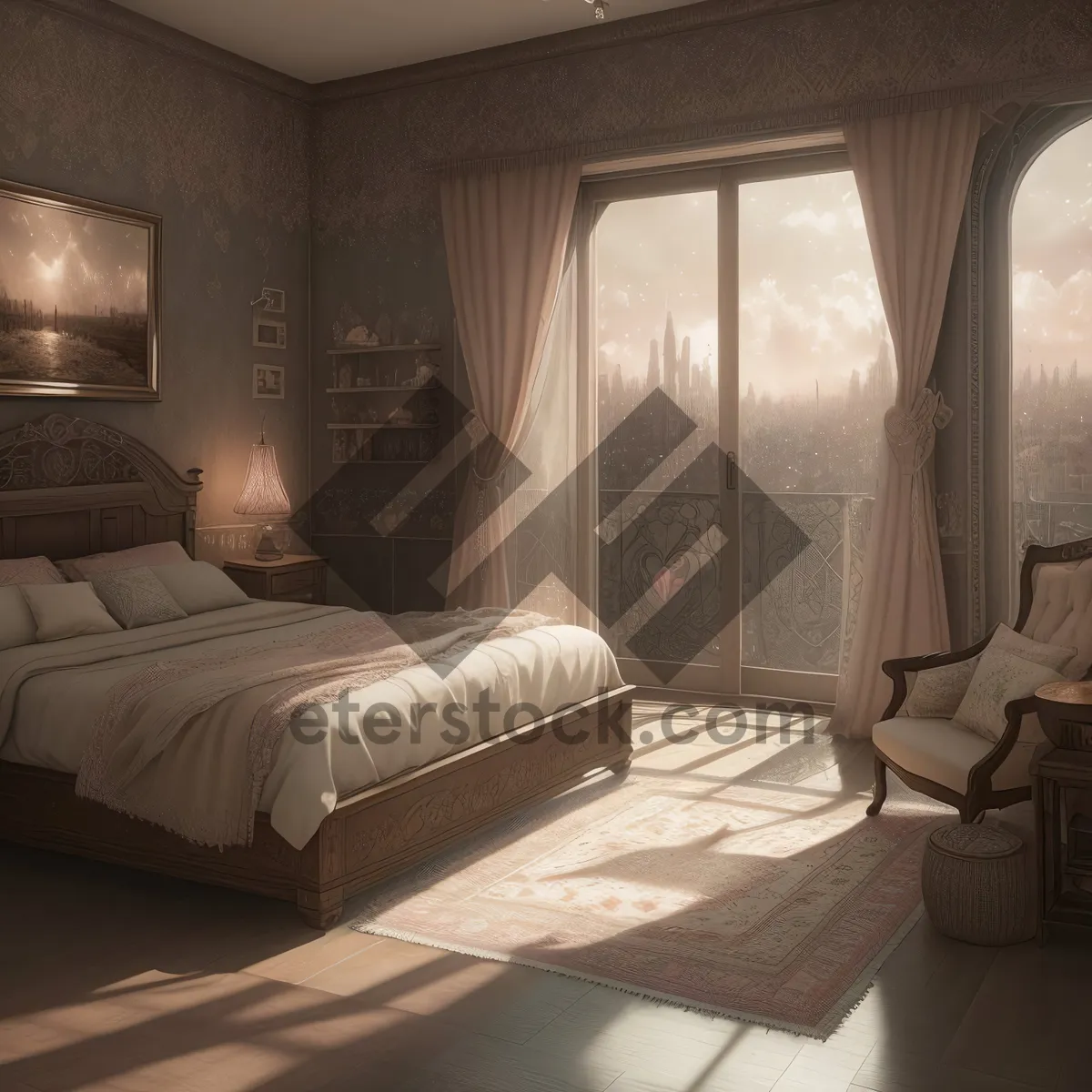 Picture of Modern, Cozy Bedroom with Stylish Furniture and Soft Lighting