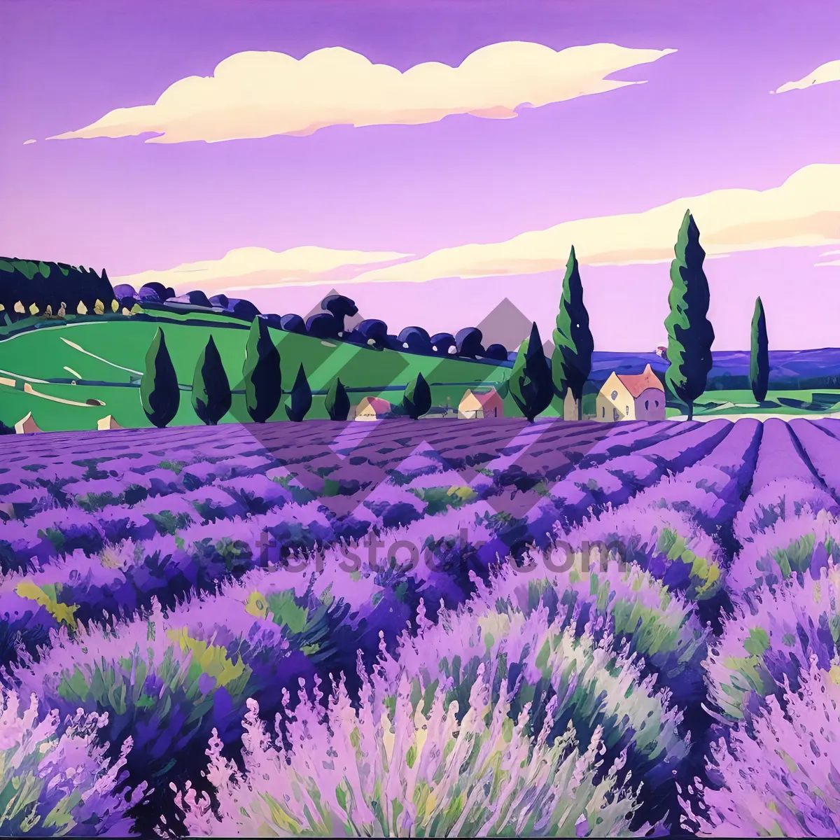 Picture of Vibrant Lavender Field Under Colorful Sky