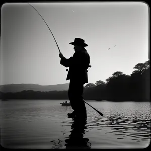 Silhouette of Fisherman Enjoying Sunset Fishing by the Sea