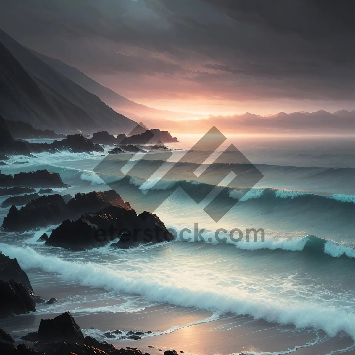 Picture of Coastal Paradise: Majestic waves crashing against rocky shore.