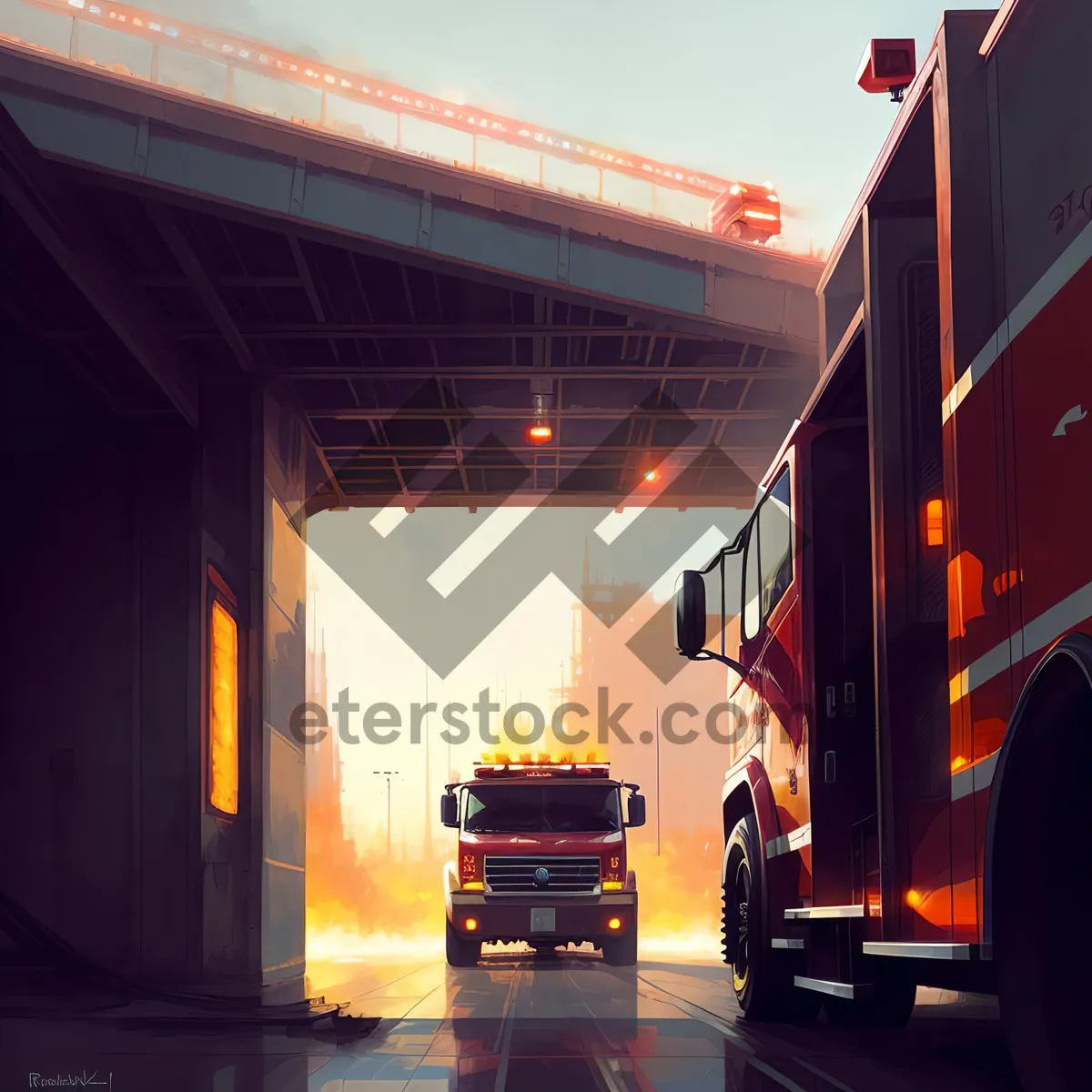 Picture of Urban Night Scene: Fire Station and Garbage Truck