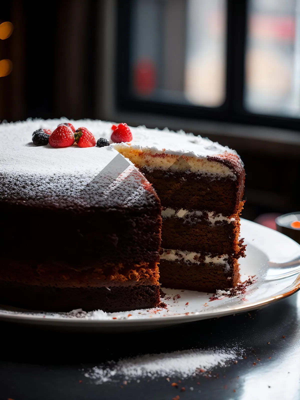 Picture of Delicious Chocolate Cake Slice with Fresh Fruit Topping