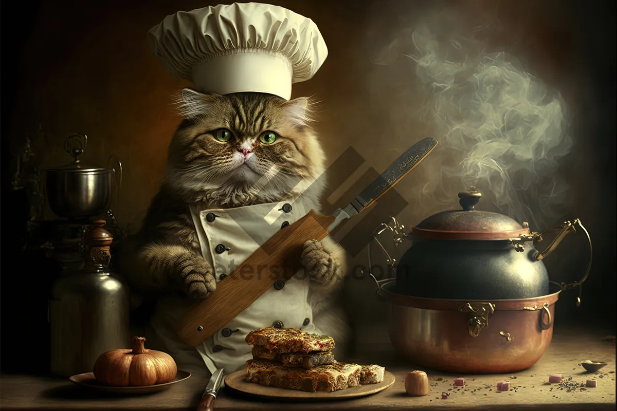 Picture of Domestic Cat Cooking with Wok Pan