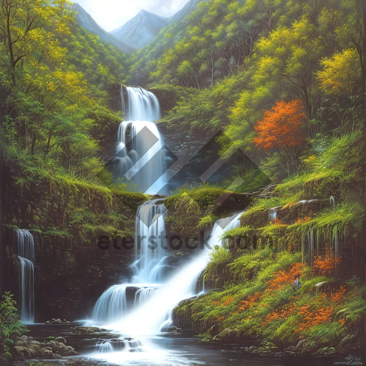 Picture of Serene Cascade Among Lush Forests