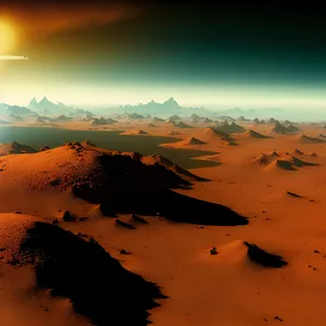 Golden Horizon: Serene Sunset over Beach and Mountains