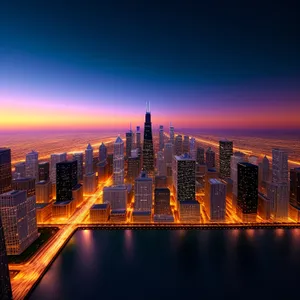 Modern City Skyline at Dusk with River Reflection