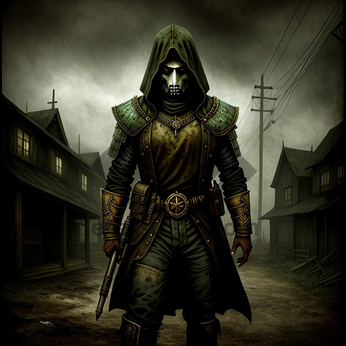 Picture of Warrior's Strength: Armed Soldier with Protective Mask and Sword