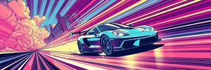 Abstract digital art of futuristic car speeding on road