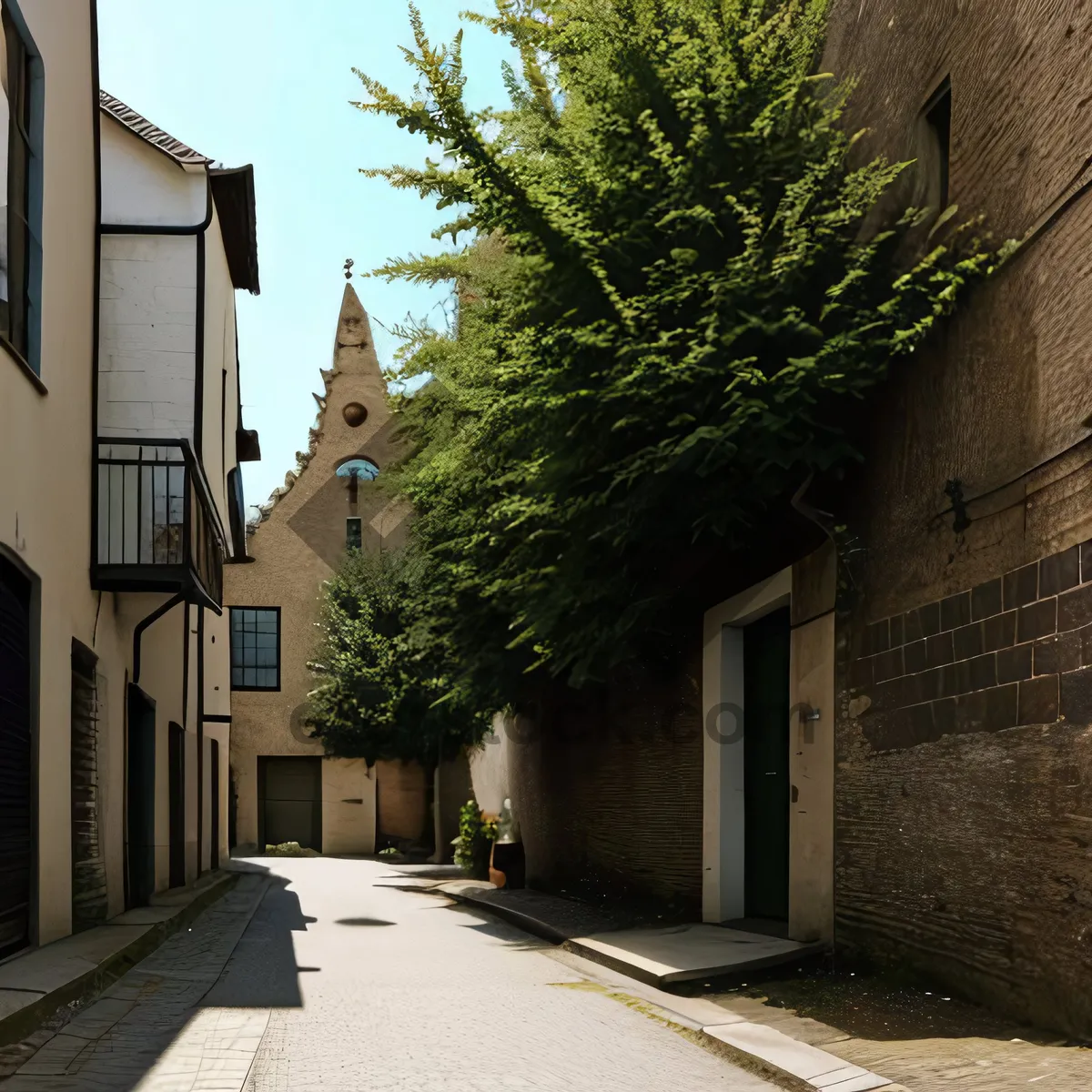 Picture of Old brick house in urban city with tree