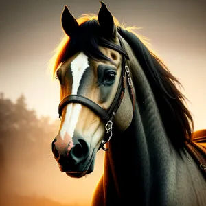 Thoroughbred Stallion in Bridle and Headgear