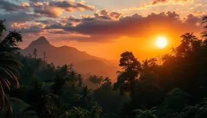 Orange sunset over mountain landscape silhouette