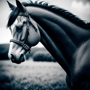 Thoroughbred Stallion in Bridle and Muzzle