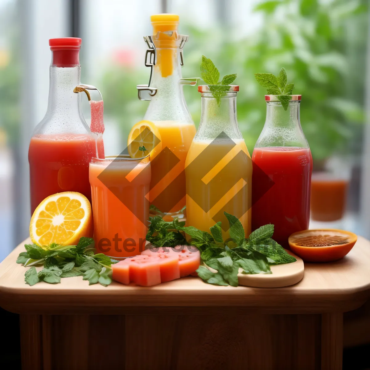 Picture of Fresh vegetable and fruit dinner in glass bottle.